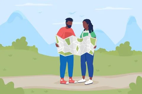 Trekkers with map on road flat color vector illustration Stock Illustration