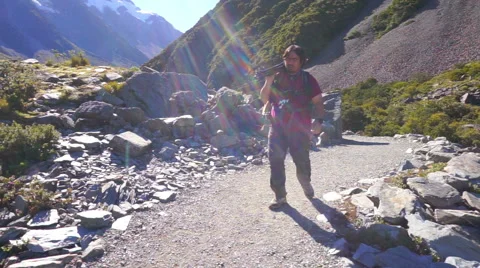 Trekking Along Hooker Track at Mount Cook National Park, New Zealand Stock Footage 64177364