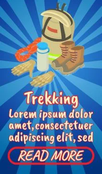 Trekking concept banner, comics isometric style Stock-Illustration