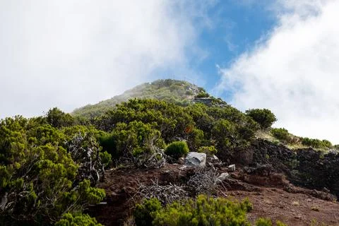Trekking path to the highest point of Madeira - Pico Ruivo. Bottom view Stock Photos