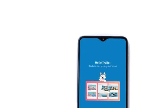 Trello app launch screen with logo on the display of a black mobile smartphon Stock Photos