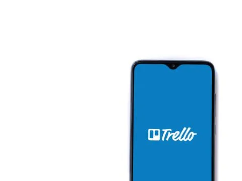 Trello app launch screen with logo on the display of a black mobile smartphon Stock Photos