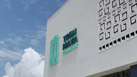 Tren Maya Train Station Facade with Brand Logo and Cloudy Sky in Chetumal Stock Footage 335969205