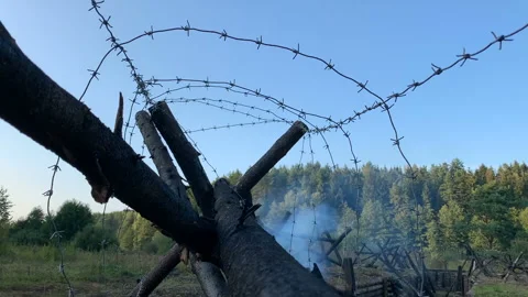 Trenches tower barbed wire war USSR Belarus WW2 Stock Footage 146707562