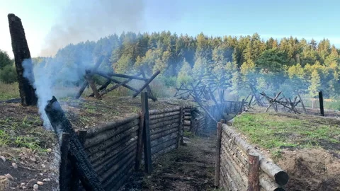 Trenches tower barbed wire war USSR Belarus WW2 Stock Footage 146707839