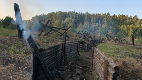 Trenches tower barbed wire war USSR Belarus WW2 Stock Footage 146707891