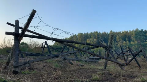 Trenches tower barbed wire war USSR Belarus WW2 Stock Footage 146708375