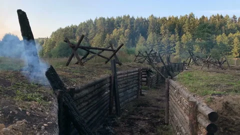 Trenches tower barbed wire war USSR Belarus WW2 Stock Footage 146708727