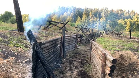 Trenches tower barbed wire war USSR Belarus WW2 Stock Footage 146708773