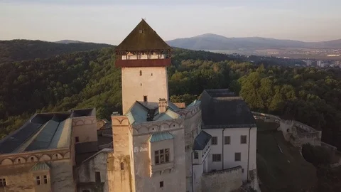 Trenčín castle at sunrise - aerial footage Stock Footage