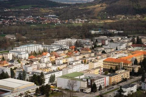 Trencin, Slovakia, March 10, 2024 Bird eye view photo of the famous Europe city Stock Photos