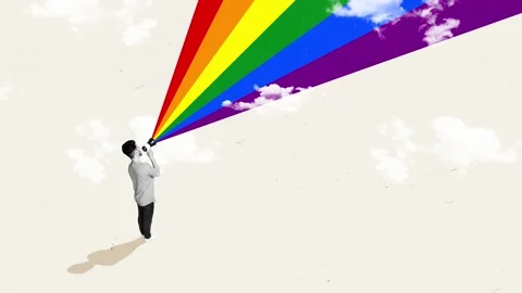 Trend 3d motion collage video of activist man hold bullhorn scream rainbow Stock Footage 302158354