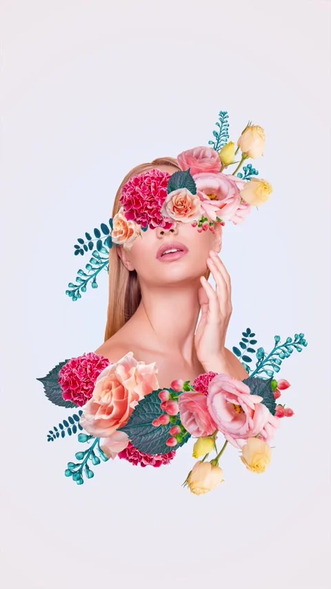 Trend 3d motion collage video of girl nymph flower extract beauty mask Stock Footage 302988013