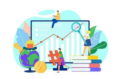 Trend analysis by graph concept, vector illustration. Man woman people charcater Stock Illustration