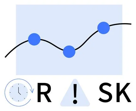 Trend line with data points, clock, warning sign, and RISK text. Ideal for fi Stock-Illustration