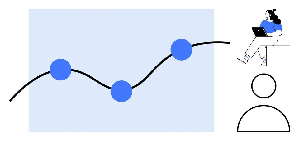 Trend line with data points, person working on a laptop, user profile icon. I Illustrazione stock