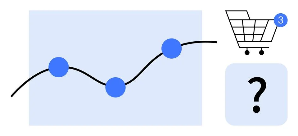 Trend line graph with three blue data points, shopping cart icon with notific Stock Illustration