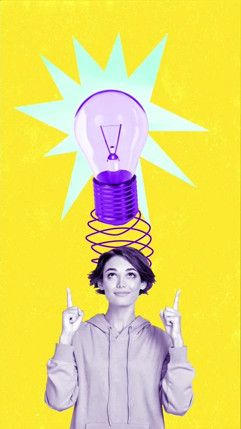 Trend motion collage video of happy girl point index fingers hands light bulb Stock Footage 301631508