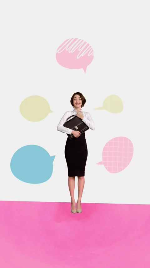 Trend motion collage video of happy girl hold briefcase stand communication chat Video stock 304500934