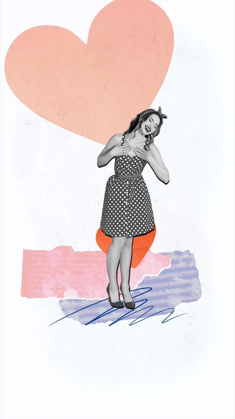 Trend motion collage video of happy pinup girl stand heart icon valentine day Video stock 310671849