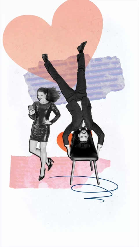 Trend motion collage video of happy girl guy stand together chair heart love Stock Footage 310671879