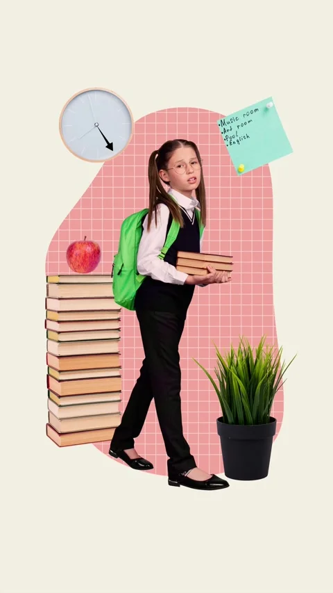 Trend motion collage video of puzzled teenage girl carry book back school memo Stock Footage 302171783