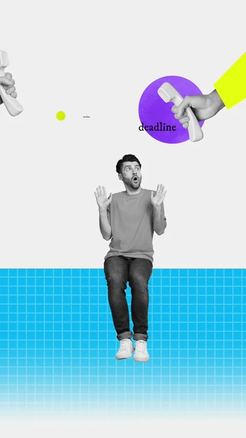 Trend motion collage video of shocked guy sit call center hands hold receiver Video stock 304500815