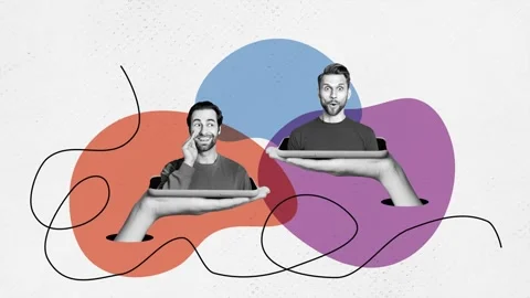 Trend motion collage video of two happy men peek phone screen Stock-Footage 302375307