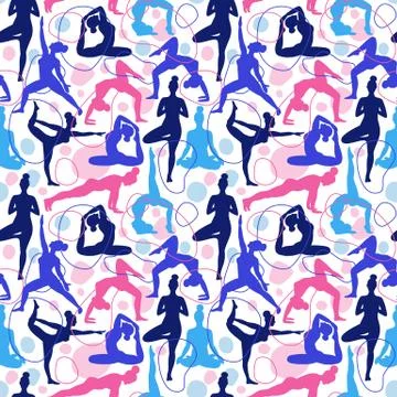 Trend seamless pattern of yoga class pink and blue with abstract shape line art Stock Illustration