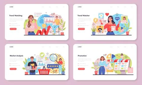 Trend watcher web banner or landing page set. Specialist in tracking Stock Illustration