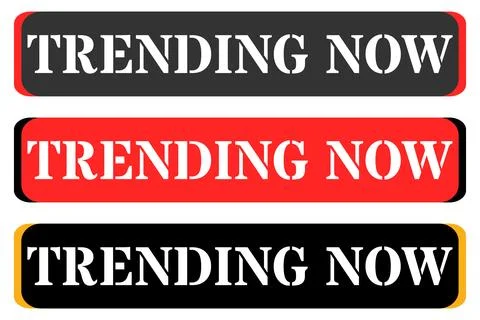 Trending now labels with bold white text on colored backgrounds Stock Illustration