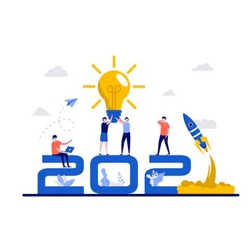 Trends in creativity, creative thinking concept with big 2021 number. Tiny .. Stock Illustration