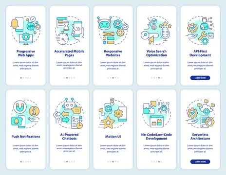 Trends in web technology onboarding mobile app screen set Stock Illustration
