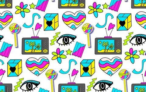 Trendy 90s style seamless pattern with neon items elements,Fashion texture with Stock Illustration