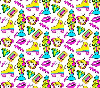 Trendy 90s style seamless pattern with neon items elements,Fashion texture with Stockillustratie