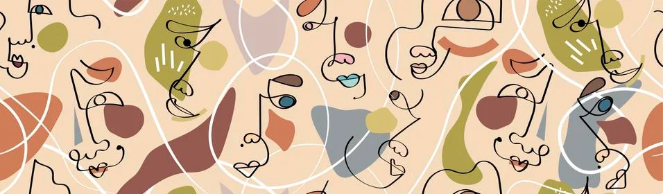 Trendy abstract human faces header, footer, banner. One line drawing. Aesthetic Stock Illustration