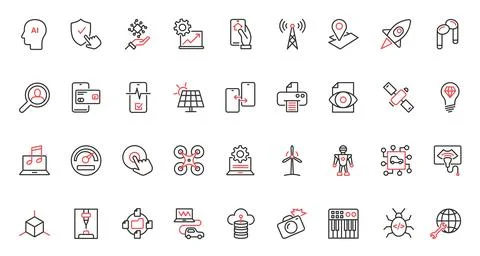 Trendy AI machine learning, smart home and communication digital technology red Illustrazione stock