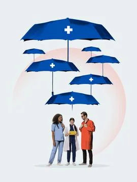 Trendy artwork. Group of doctors standing under multiple umbrellas symbolizing Stock Photos