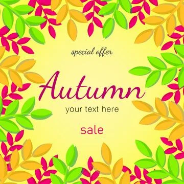 Trendy autumn abstract square frame art templates with colored leaves. Suitab Stock Illustration
