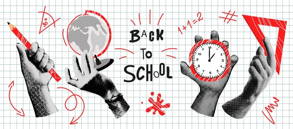 Trendy Back to school collage elements set Stock Illustration