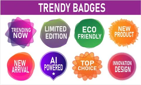 Trendy Badges Vector Set: Colorful Promo Labels with Trending Now Stock Illustration