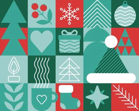 Trendy bauhaus pattern poster. Vector geometric Christmas winter shapes. Simp Stock Illustration