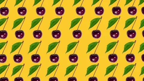 Trendy berry animation background of many moving red cherries with leaf on Stock Footage 223207950