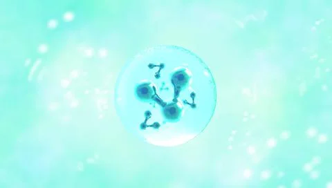 Trendy blue atom model in blue liquid or air bubble.Abstract background.3d Stock Illustration