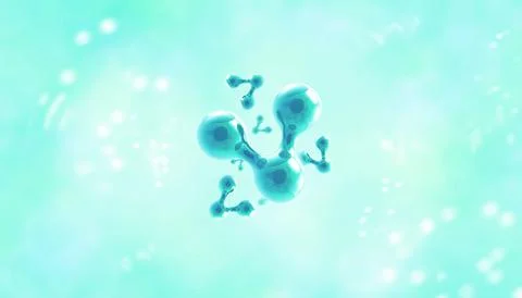 Trendy blue atom model in blue liquid or air bubble.Abstract background.3d Stock Illustration