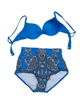 Trendy blue swimsuit with a pattern. Stock Photos