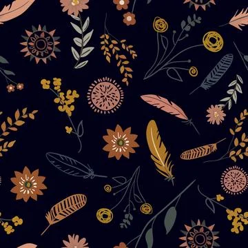 Trendy boho seamless pattern with hand-drawn flowers, feathers, and branche.. Stock Illustration