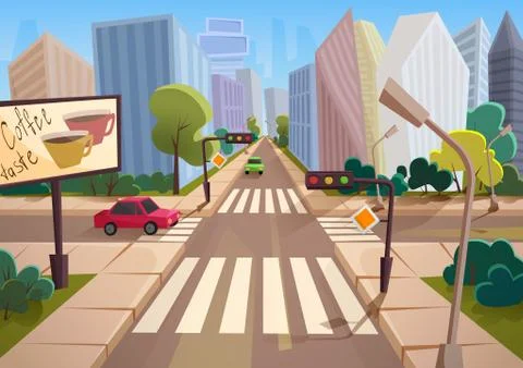Trendy cartoon gradient style vector city with crossroad, road signs and cars. Illustrazione stock