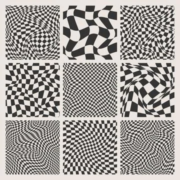 Trendy checkered pattern, black and white distorted tiled grid. Wavy curved Stock Illustration