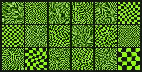 Trendy checkered pattern, black and green distorted tiled grid. Wavy curved Stock Illustration